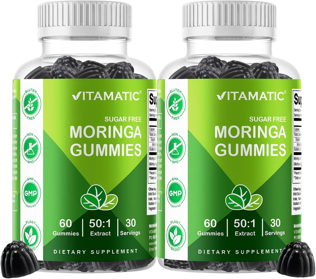 Vitamatic 2 Packs Moringa Gummies – Sugar-Free Botanical Extract – Green Superfood Supplement – Vegan, Pectin-Based, Non-GMO – Plant-Based Gummies – 60 Count