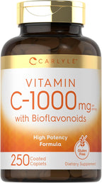 Carlyle Vitamina C 1000mg con Escaramujo y Bioflavonoides Cítricos | 250 Comprimidos Recubiertos | Vegetariano, No-GMO, Sin Gluten