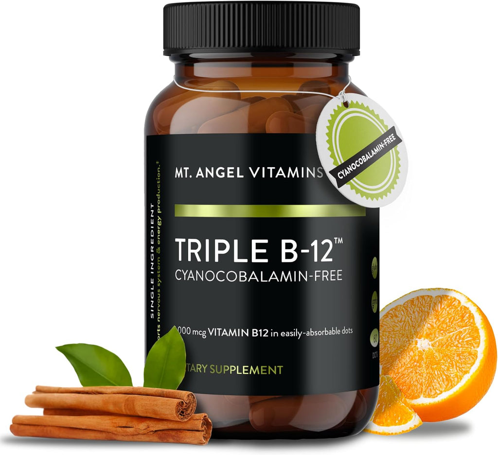 Mt. Angel Vitamins - Triple B-12 Dots | Pastillas sublinguales de rápida disolución, mezcla de metilcobalamina, adenosilcobalamina e hidroxocobalamina, apoya la energía y la salud del sistema nervioso – 60 pastillas