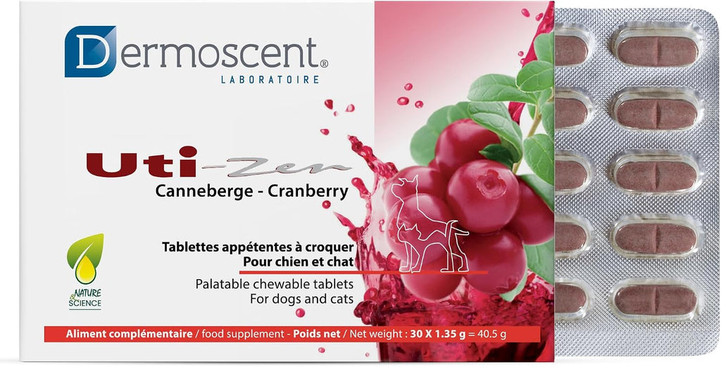 Dermoscent UTI-Zen Cranberry Comprimidos para Perros y Gatos - Suplemento Alimenticio para la Salud de la Vejiga, Riñones y Tracto Urinario - Sabor a Pollo - 30 Comprimidos