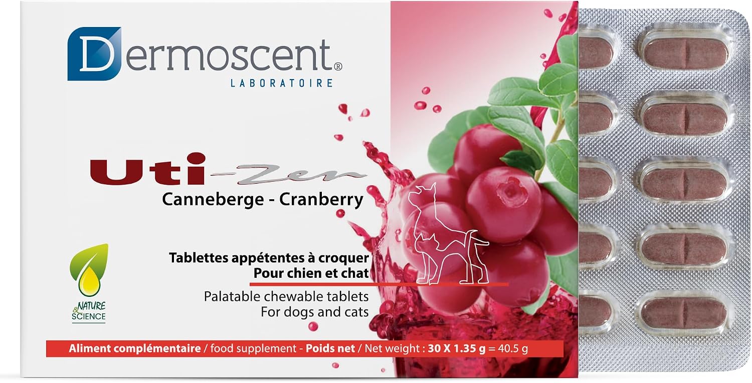 Dermoscent UTI-Zen Cranberry Comprimidos para Perros y Gatos - Suplemento Alimenticio para la Salud de la Vejiga, Riñones y Tracto Urinario - Sabor a Pollo - 30 Comprimidos