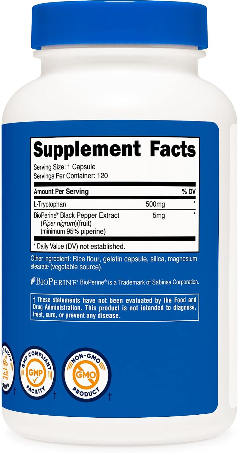 Nutricost L-Tryptophan 500 mg, 120 Capsules (2 Bottles)