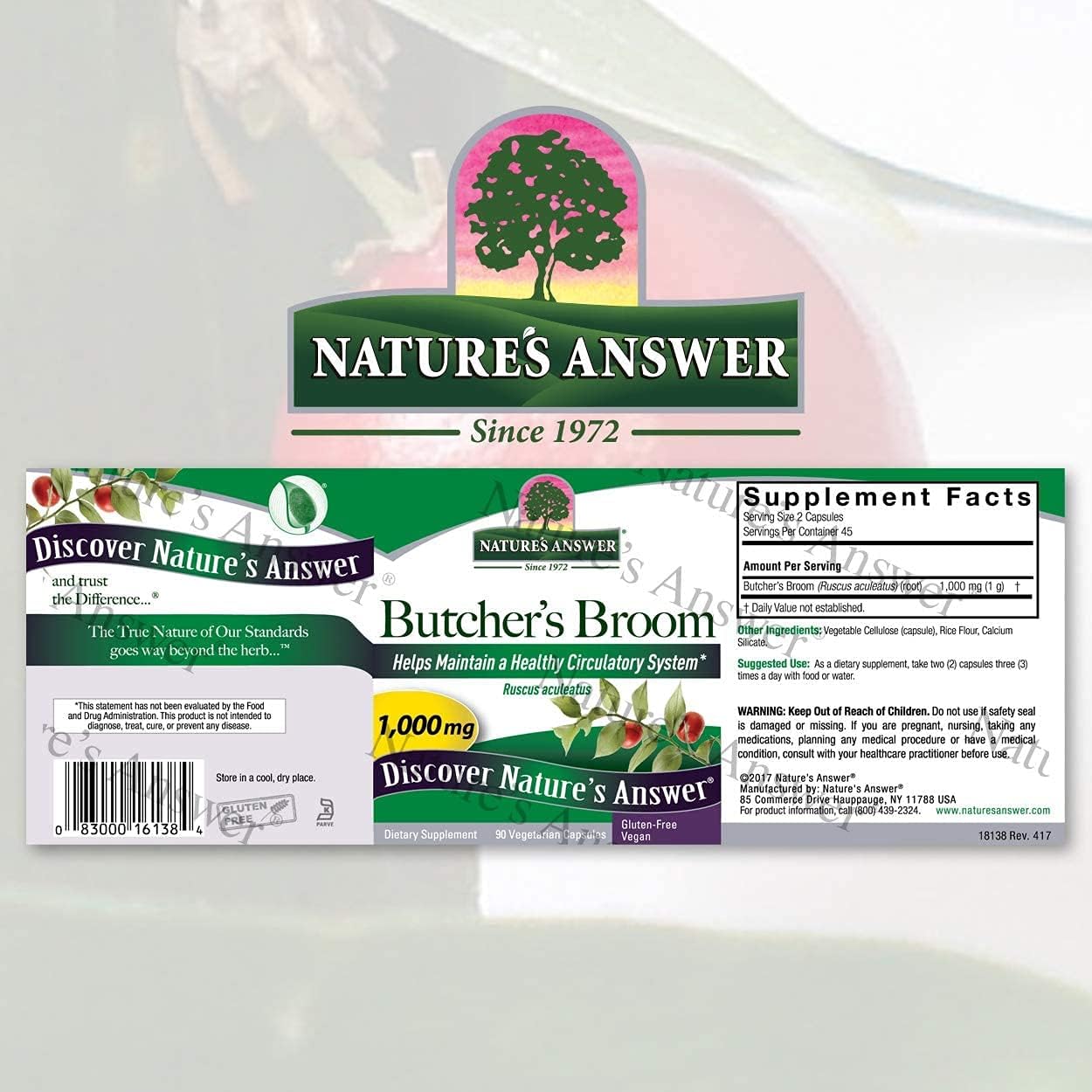 Nature's Answer Raíz de Escoba de Carnicero 1000 mg, 90 Cápsulas (Paquete de 2)