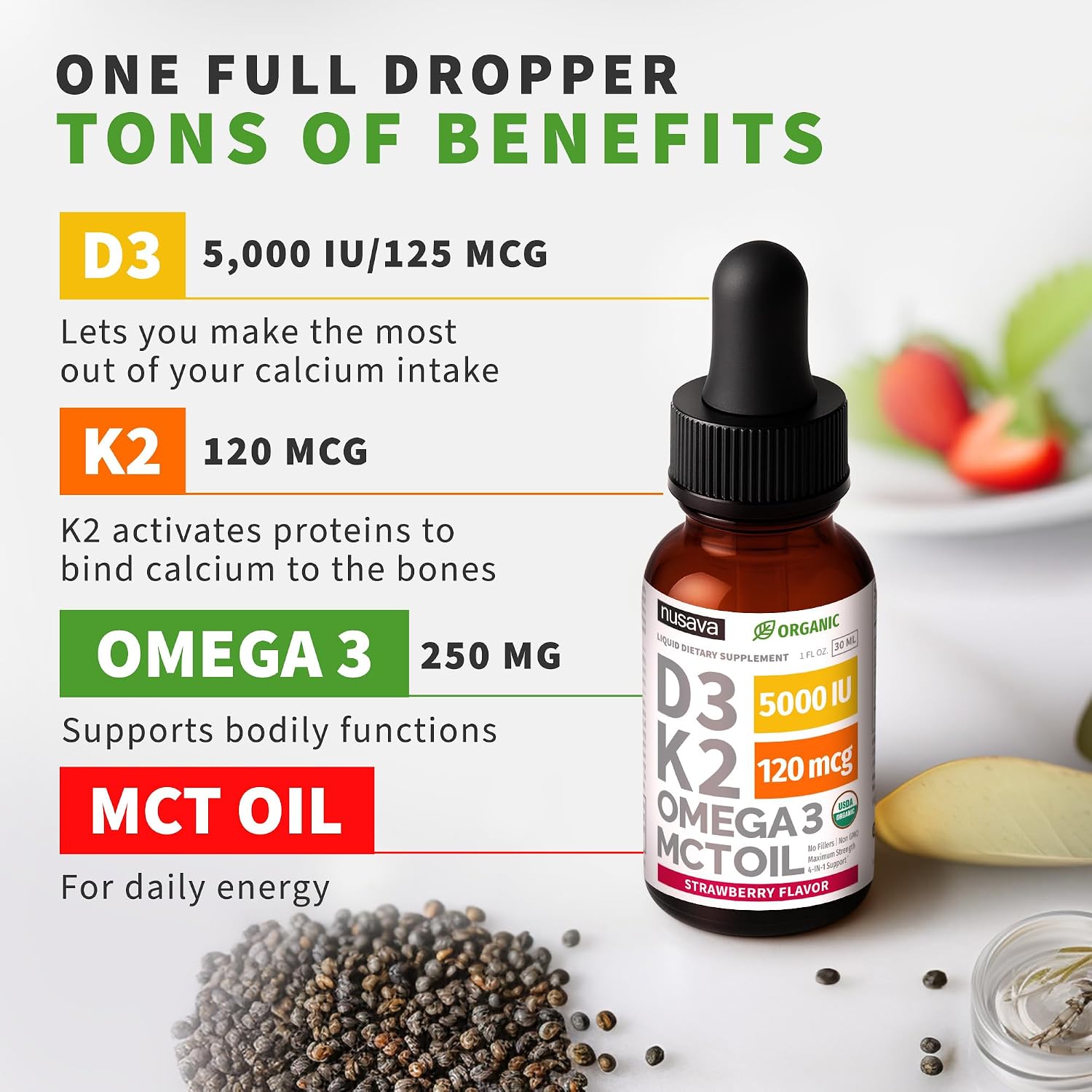 NUSAVA Organic Vitamin D3 K2 Drops with MCT Oil & Omega 3 - 5000 IU D3, 120 mcg K2, Strawberry, 4 Fl Oz (4-Pack)