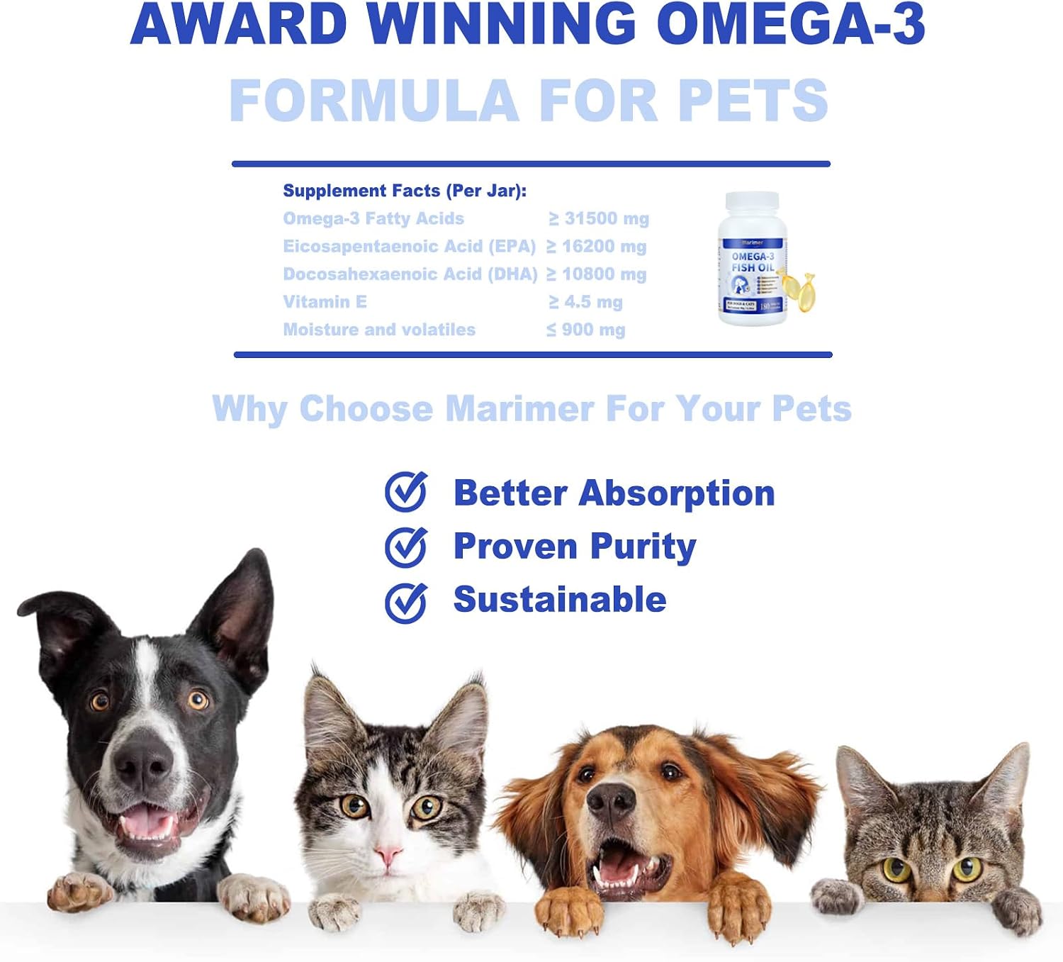 MARIMER Omega-3 Fish Oil for Dogs & Cats, Snip Tips Softgels, 180 Count