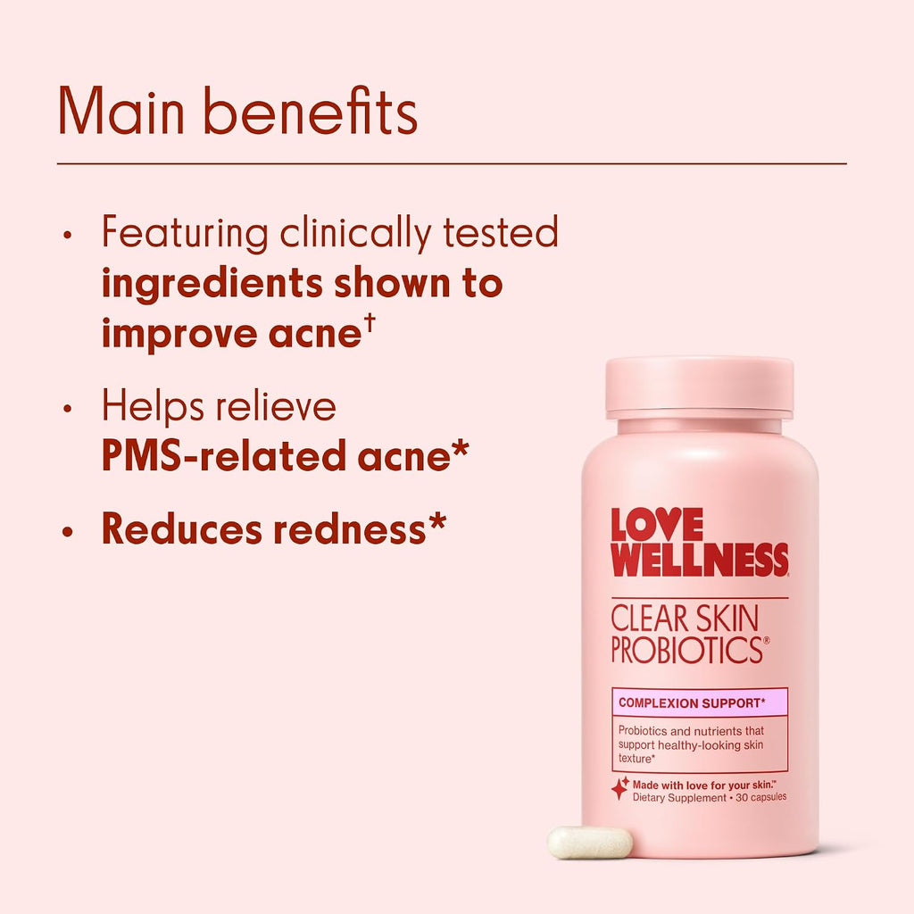Love Wellness Clear Skin Probiotic – Probiótico para la Piel con Zinc, Bifidobacterium Longum y Extracto de Fruto de Sauzgatillo | 30 Cápsulas