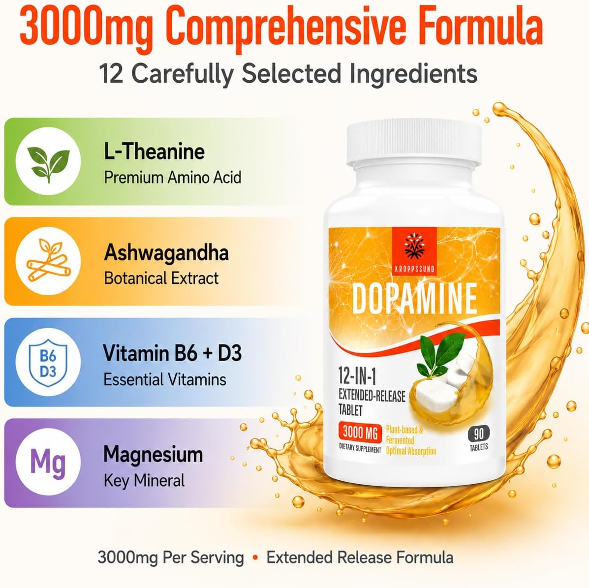 Kroppssund Suplemento de Dopamina con L-Teanina y Ashwagandha, Fórmula de Liberación Prolongada 12 en 1, 3000 mg por Dosis, 90 Comprimidos
