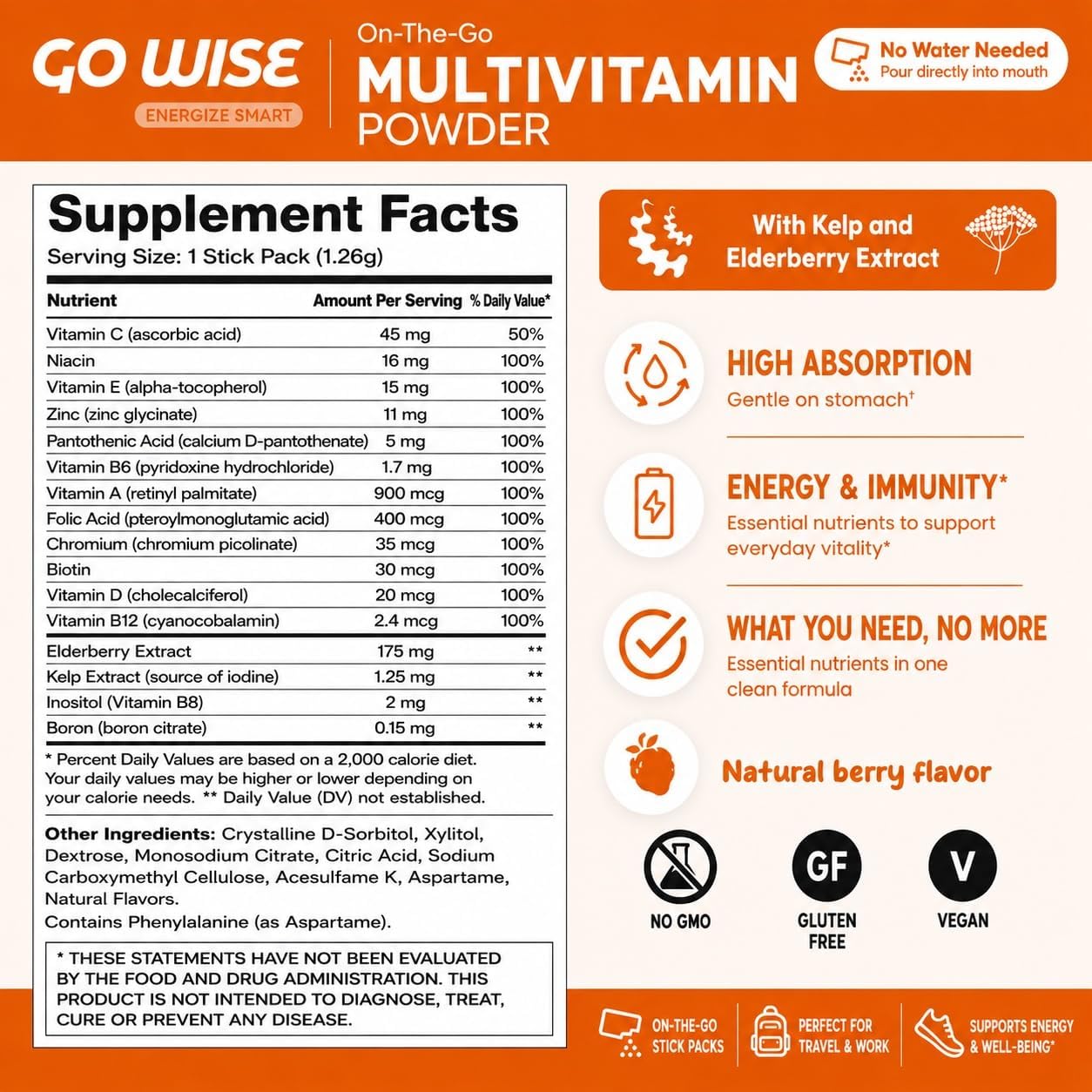 Go Wise Multivitamínico en Polvo - Bariátrico, Sin Pastillas, Vegano, Sabor Berry Natural