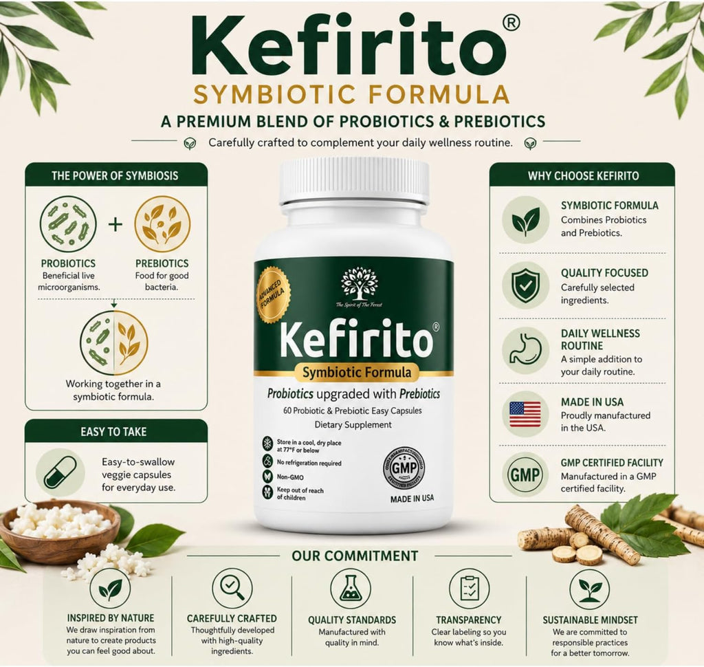 Kefirito Daily Symbiotic Formula – Suplemento Simbiótico Diario con Probióticos y Prebióticos, 60 Cápsulas