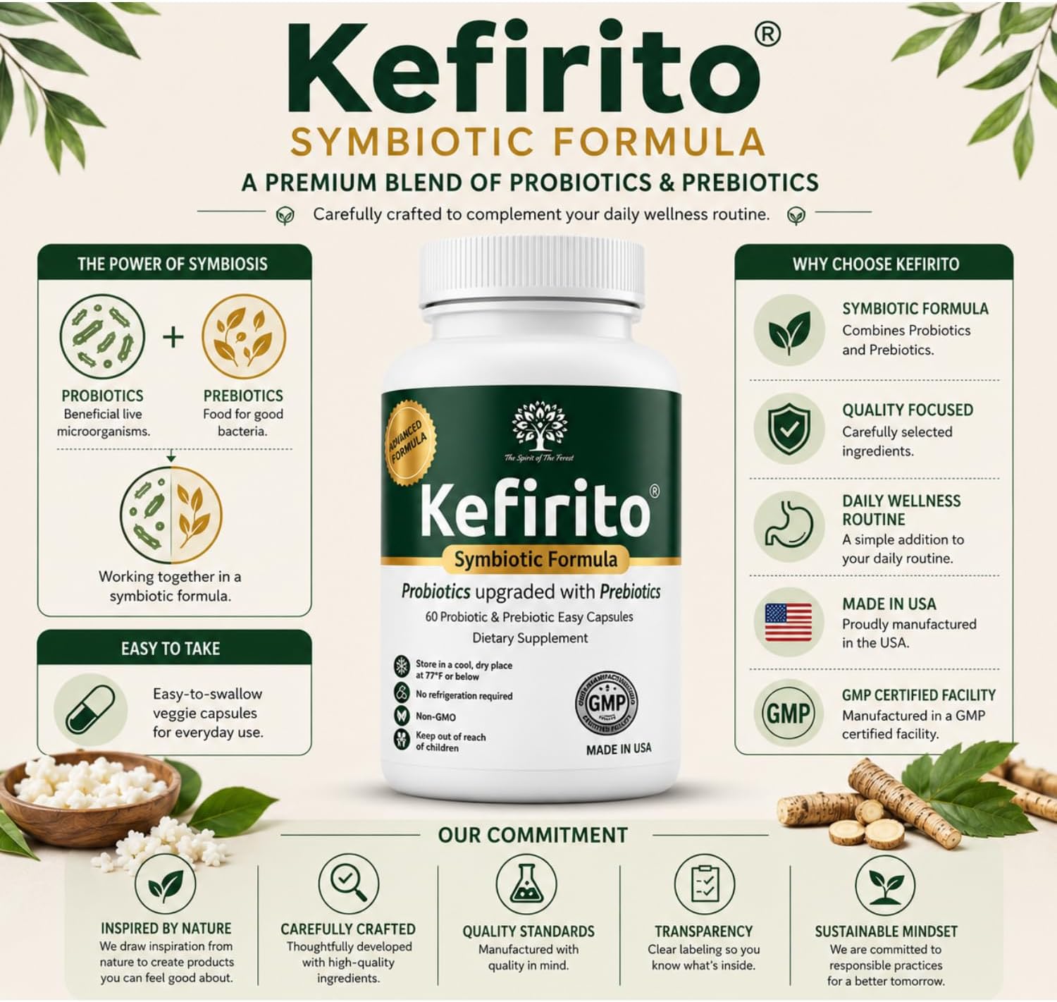 Kefirito Daily Symbiotic Formula – Suplemento Simbiótico Diario con Probióticos y Prebióticos, 60 Cápsulas
