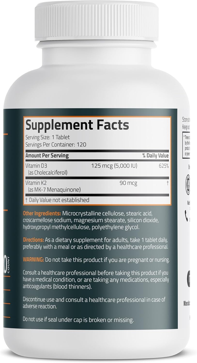 Bronson Vitamina K2 D3 (MK7) - 5000 UI Vitamina D3 + 90 mcg K2 MK-7, 120 Comprimidos