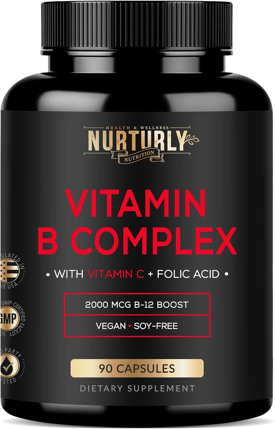 NURTURLY Complejo B – Vitaminas B1, B2, B3, B5, B6, B7, B9, B12 y Biotina – 180 Comprimidos