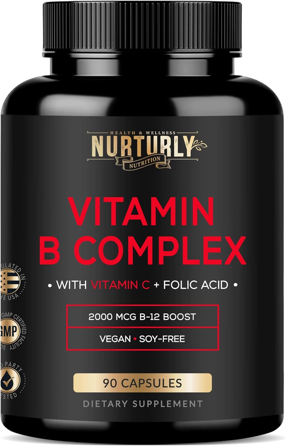 NURTURLY Complejo B con Vitamina C – Todas las Vitaminas B Esenciales – 90 Cápsulas