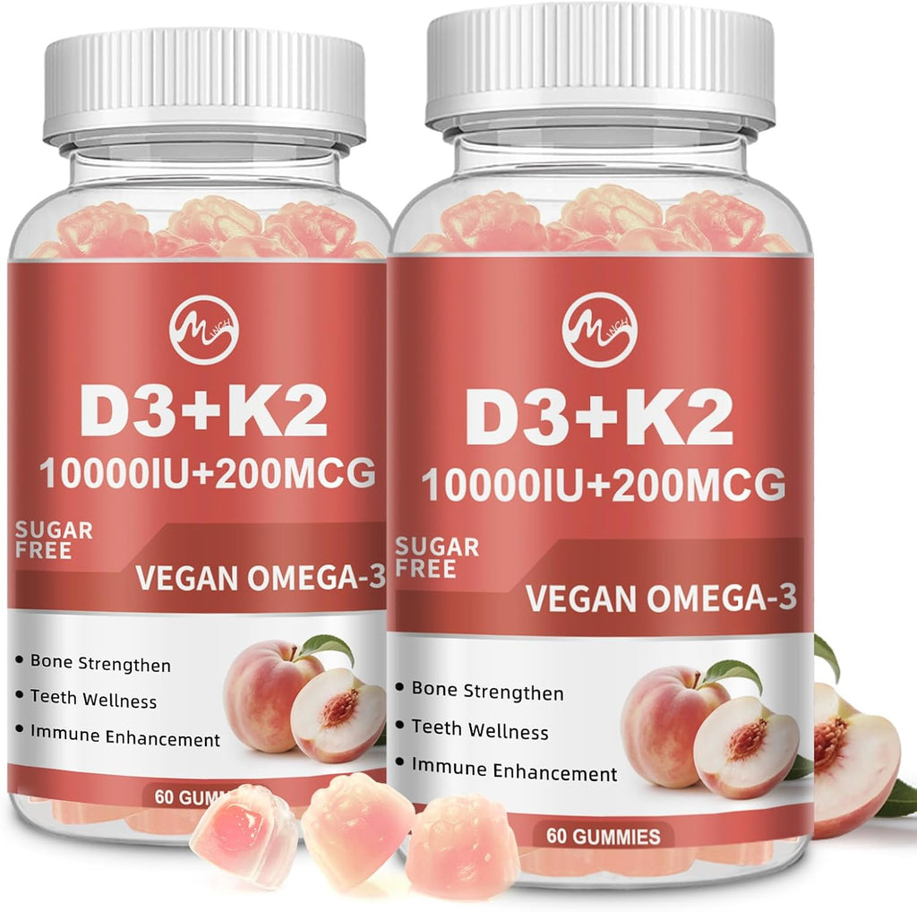 M inch Vitamin D3 K2 Gummies, Vitamina D3 10000IU, K2 (MK-7) 200mcg, Complemento 6 en 1 con Omega-3, Sin Azúcar, Pack de 2