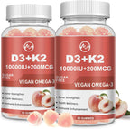 M inch Vitamin D3 K2 Gummies, Vitamina D3 10000IU, K2 (MK-7) 200mcg, Complemento 6 en 1 con Omega-3, Sin Azúcar, Pack de 2