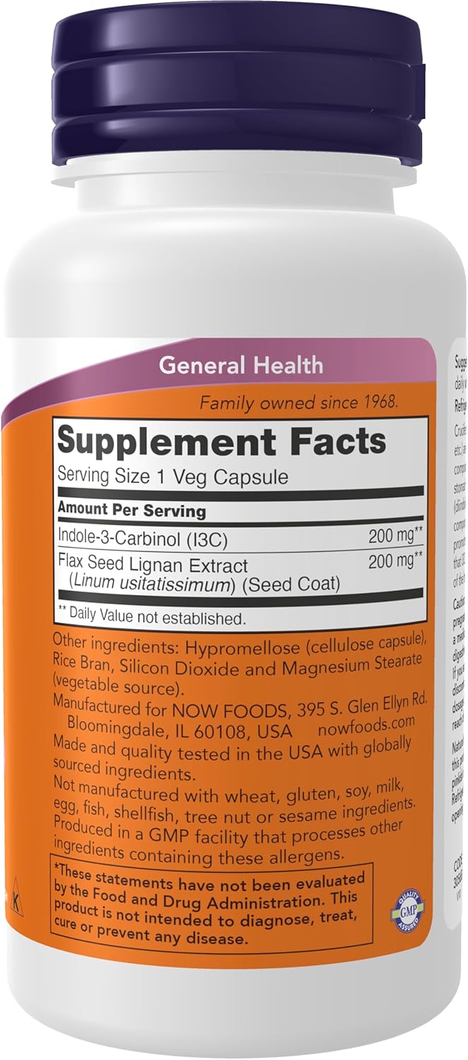 NOW Foods Indole-3-Carbinol 200 mg con Extracto de Lignano de Lino, 60 Cápsulas Veganas