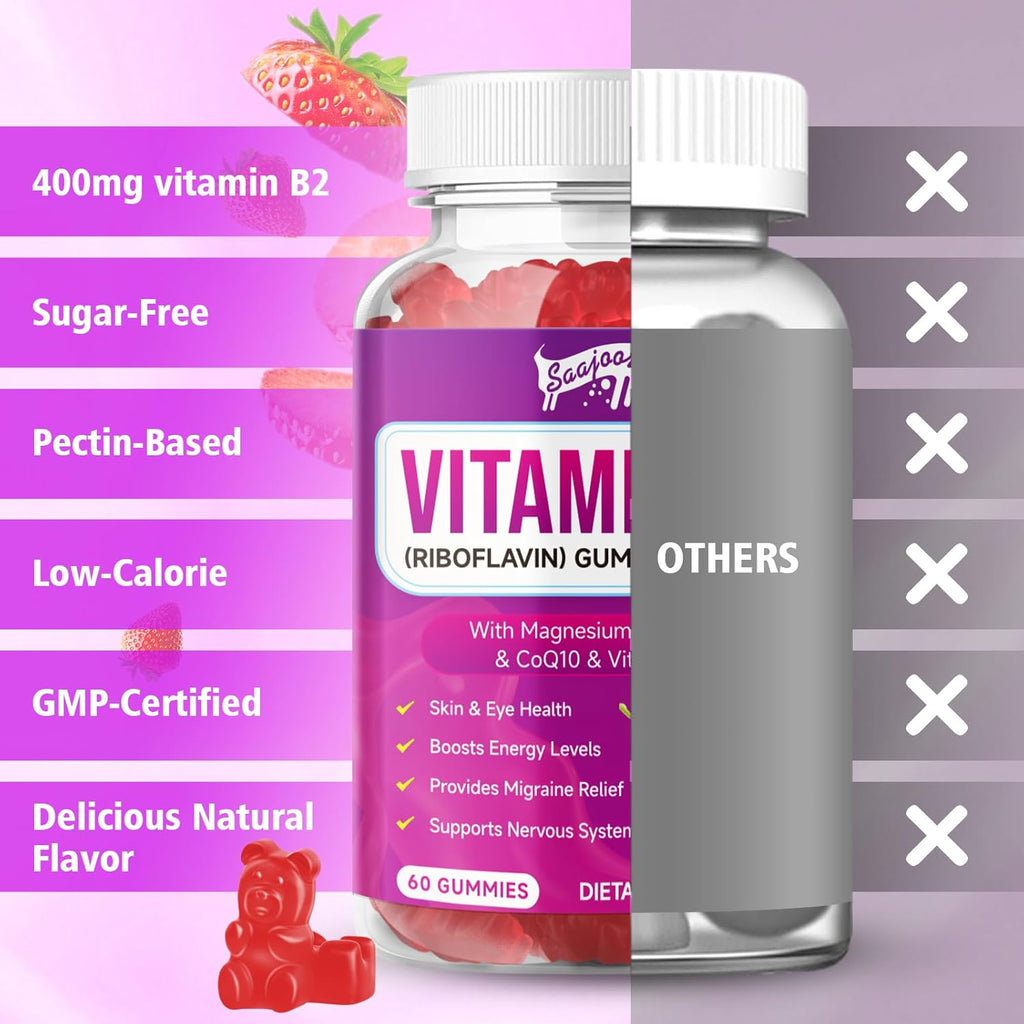Gominolas de Vitamina B2 - Riboflavina 400 mg con Magnesio y CoQ10 - Sabor Fresa, 60 gominolas
