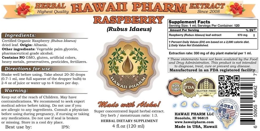 Hawaii Pharm Extracto Líquido de Frambuesa, Grado Profesional, 118 ml (4 fl.oz)