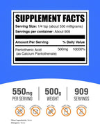 BulkSupplements Vitamin B5 Powder - Pantothenic Acid 500 mg per serving - 500 g
