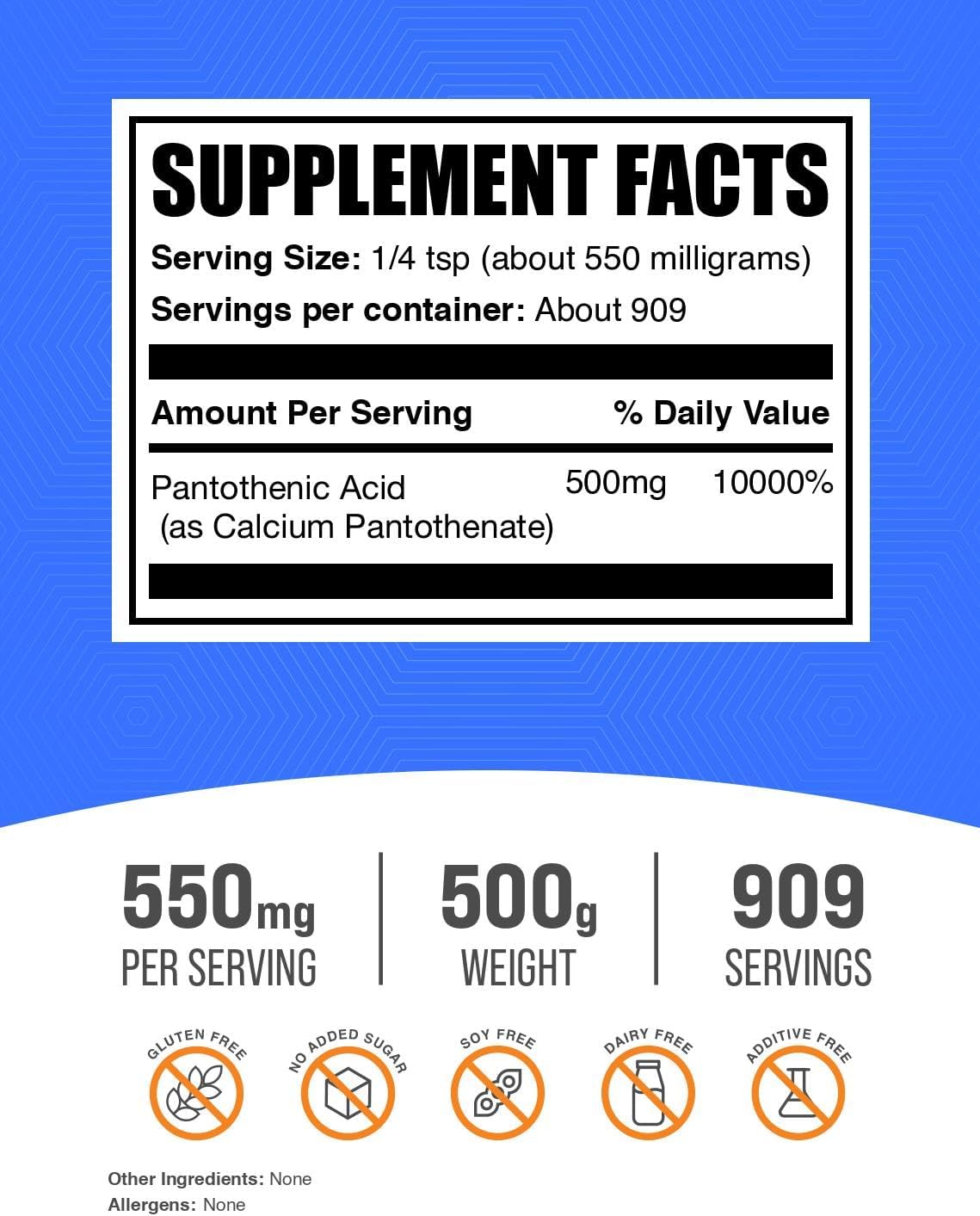 BulkSupplements Vitamin B5 Powder - Pantothenic Acid 500 mg per serving - 500 g