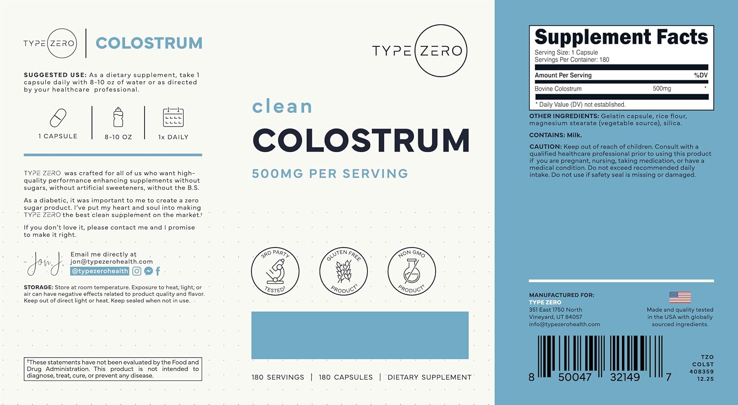 Type Zero Suplemento de Calostro Bovino (500mg) 180 Cápsulas