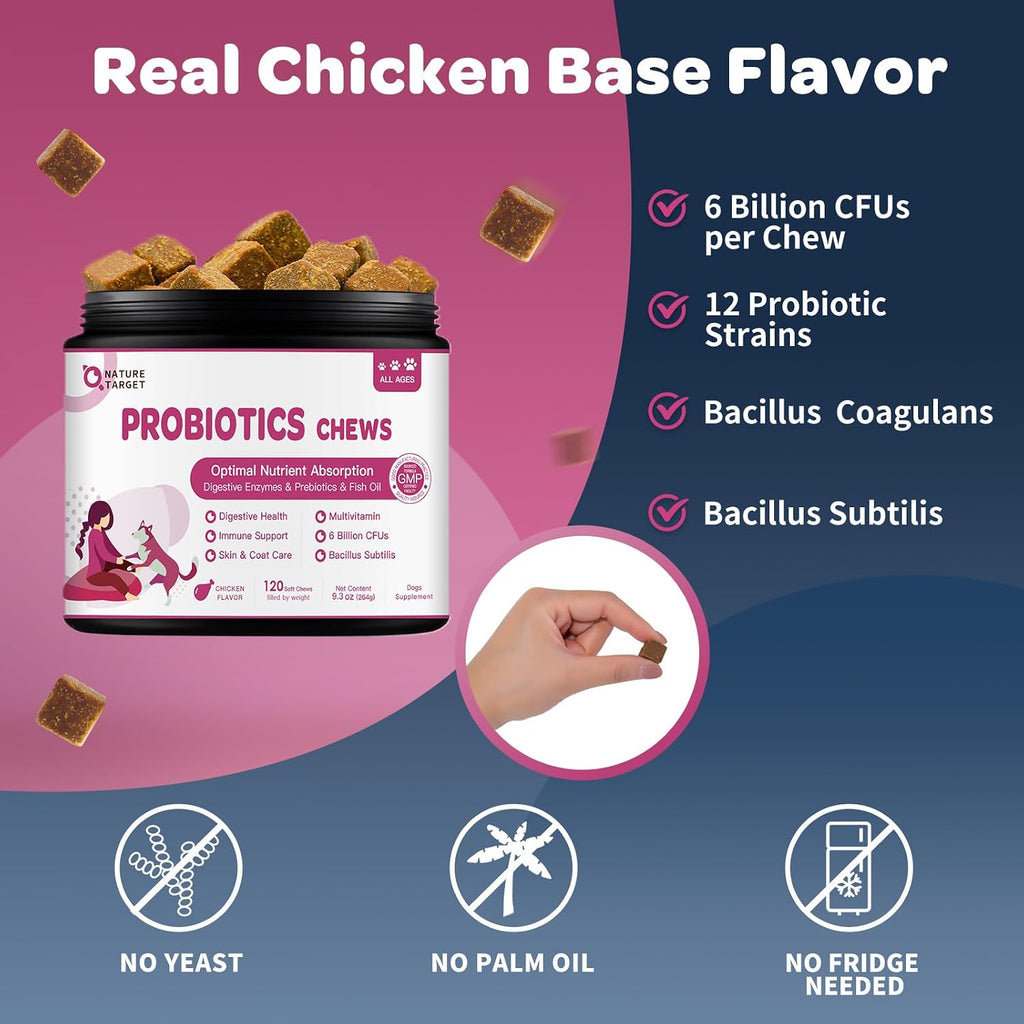 NATURE TARGET Probióticos para Perros, 120 Masticables Sabor Pollo con Enzimas Digestivas y Prebiótico