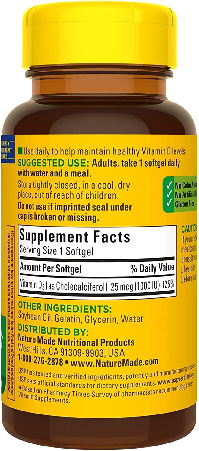 Nature Made Vitamina D3 1000 UI, 100 Cápsulas Blandas (Paquete de 2)