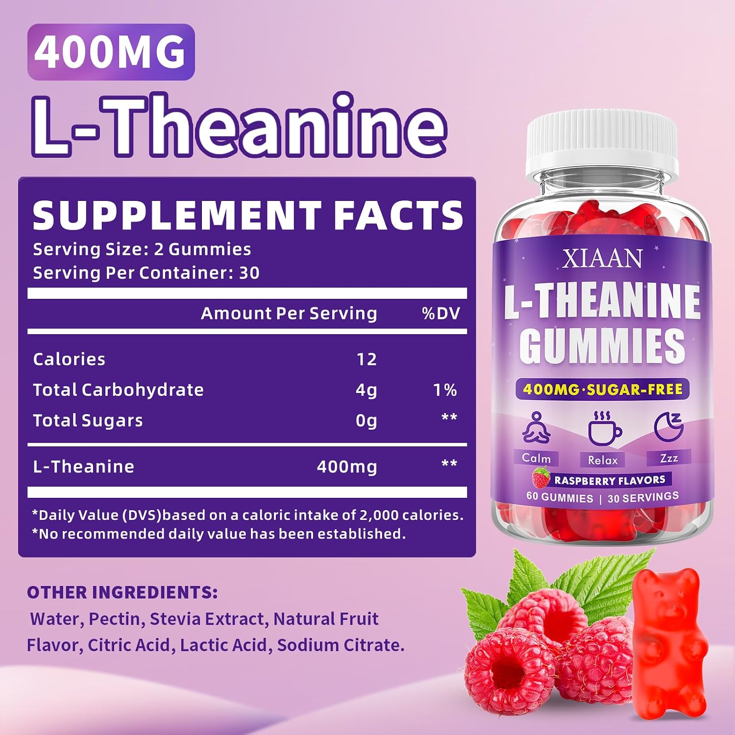 XIAAN Gominolas de L-Teanina 400mg para Calma y Relajación, Vegano, Orgánico, Sabor Frambuesa, 60 unidades