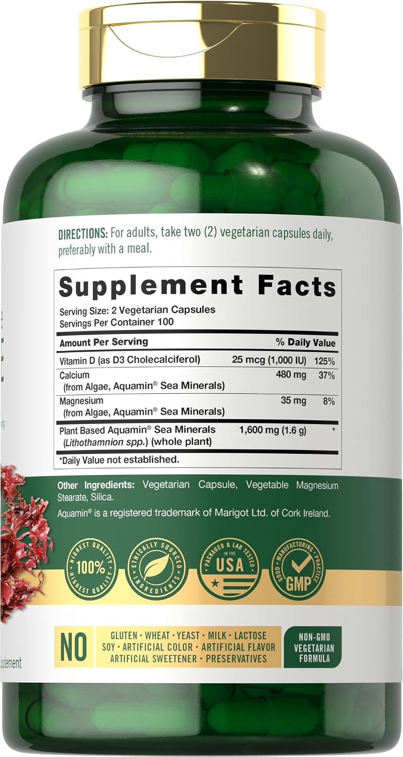 Carlyle Alga Roja Marina 1600mg | 200 Cápsulas | con Calcio, Magnesio y Vitamina D3 | Suplemento Vegetariano, No GMO, Sin Gluten
