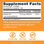Doctor's Best Vitamina D3 1000 UI, 180 Cápsulas Blandas - Suplemento de Vitamina D para el Sistema Inmunológico y Huesos