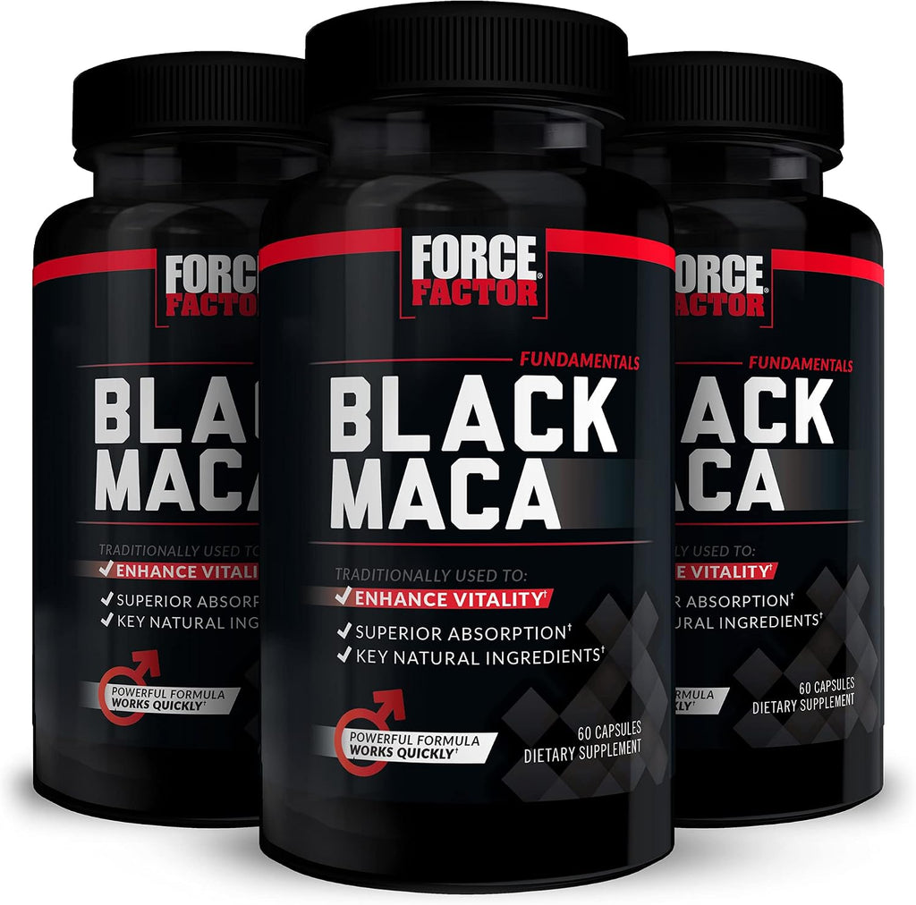 Force Factor Black Maca Root Suplemento para Hombres, 1000mg Maca Negra con BioPerine, 180 Cápsulas (3 Envases)
