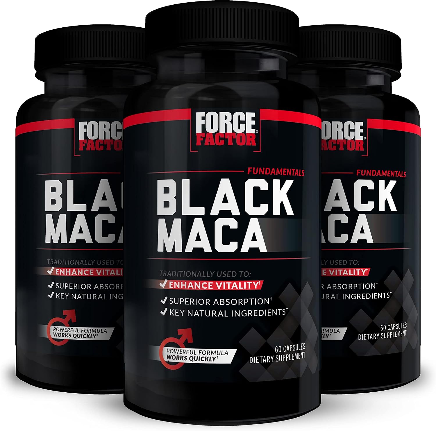 Force Factor Black Maca Root Suplemento para Hombres, 1000mg Maca Negra con BioPerine, 180 Cápsulas (3 Envases)