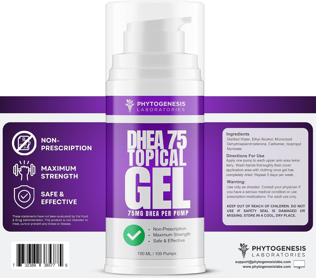 Phytogenesis DHEA 75 Gel Tópico, 75 mg por bombeo, 1 mes de suministro