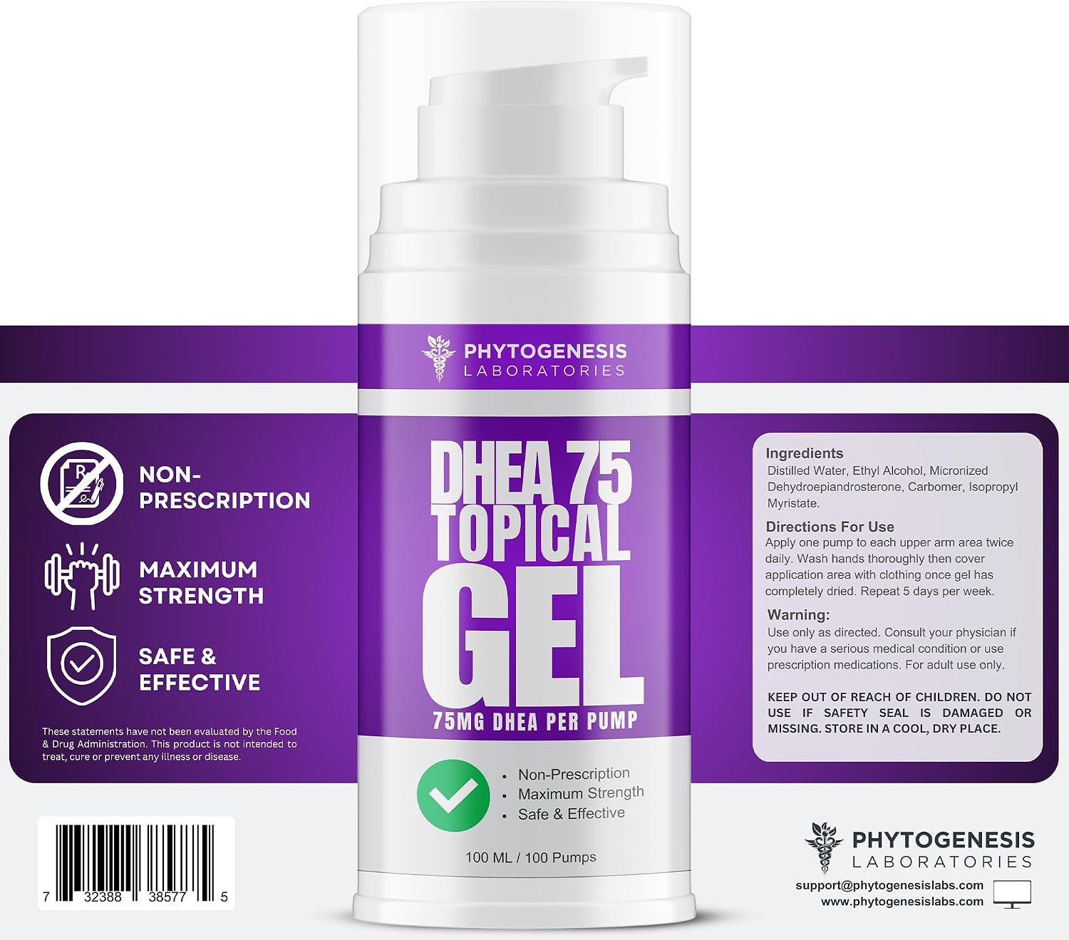 Phytogenesis DHEA 75 Gel Tópico, 75 mg por bombeo, 1 mes de suministro
