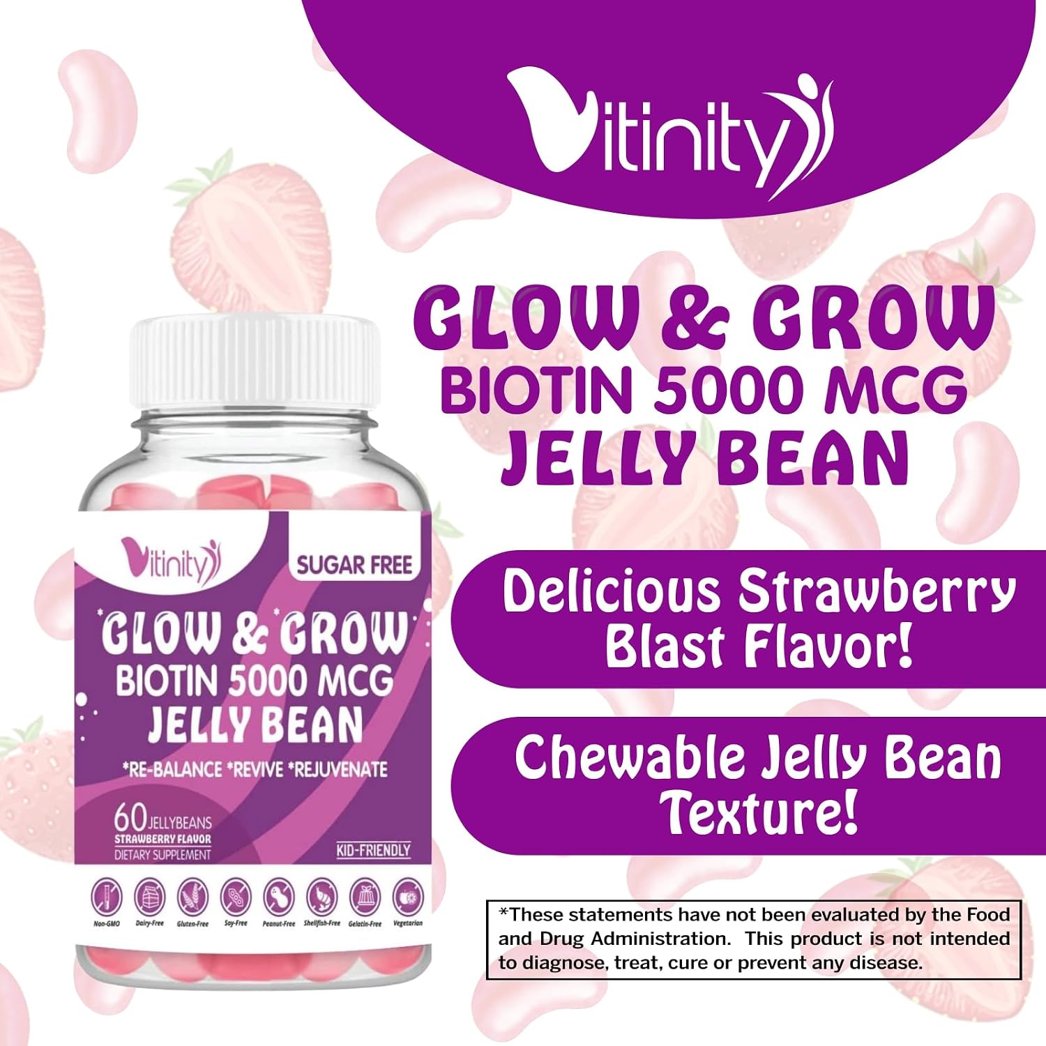 VITINITY Biotin 5000 mcg Extra Strength - Gominolas sin azúcar - 60 unidades (30 días)