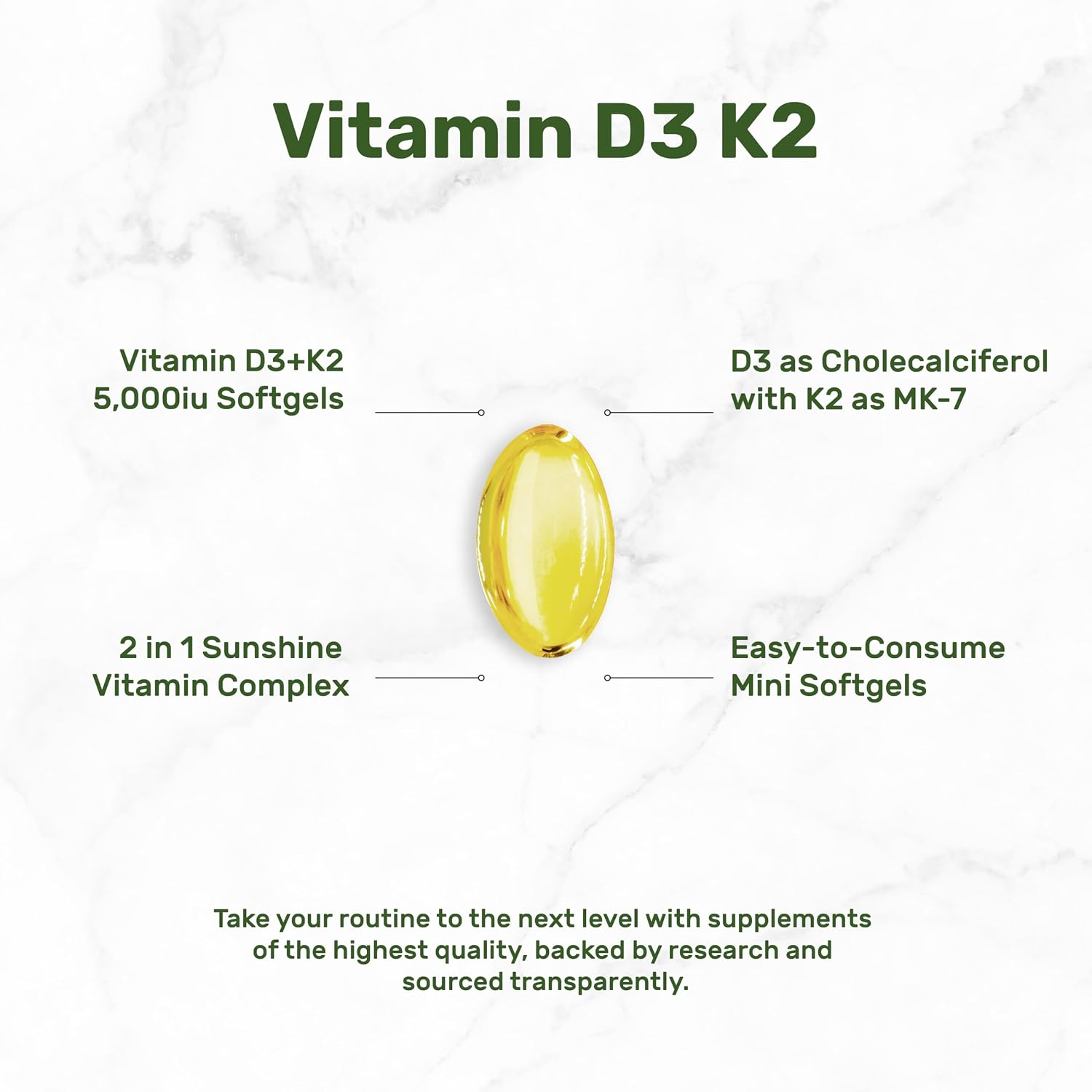 DEAL SUPPLEMENT Vitamina D3 5000 UI + K2 MK7, 250 Cápsulas Blandas