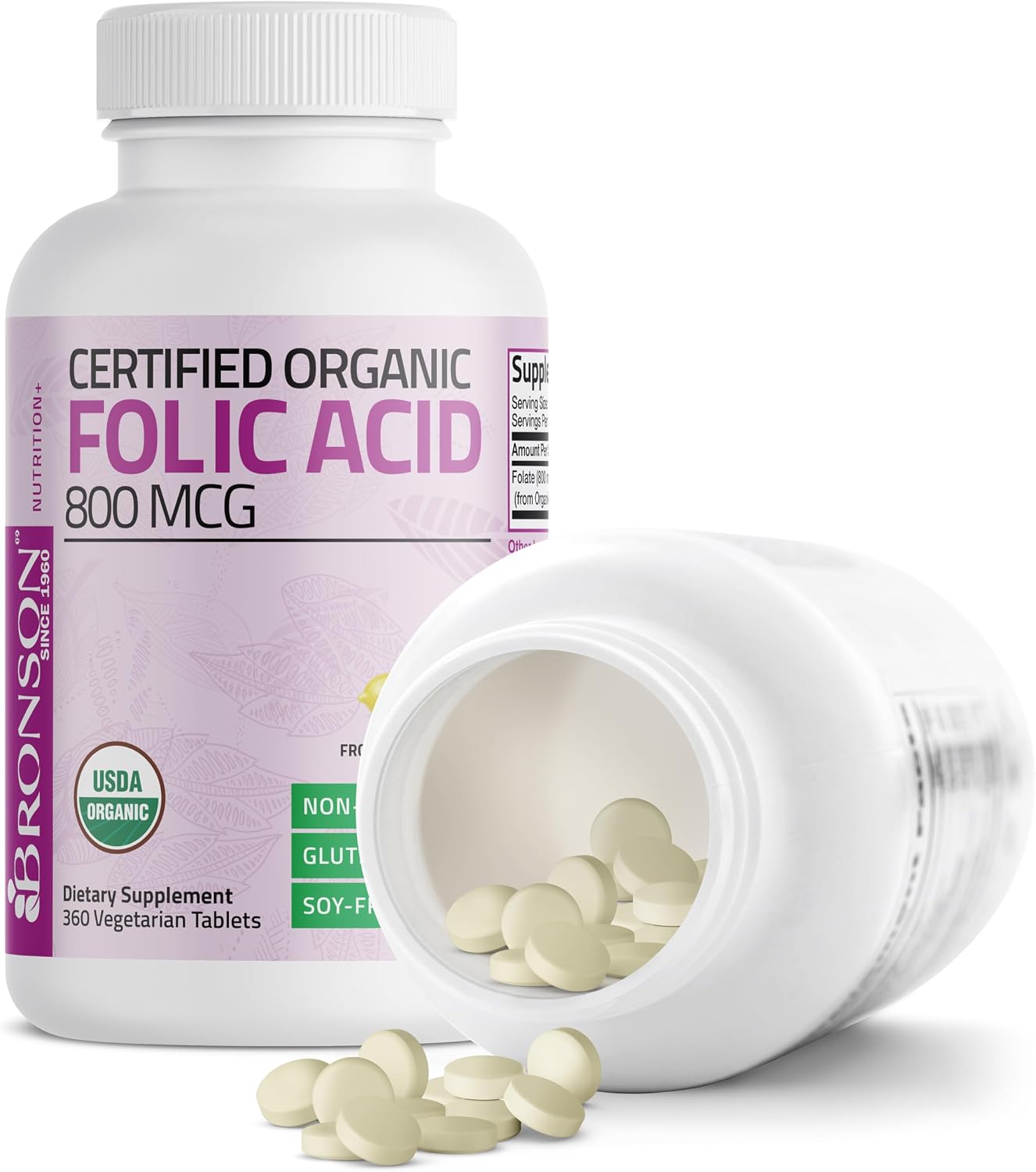 Bronson Ácido Fólico Orgánico (Vitamina B9 Folato) 800 mcg de Cáscara de Limón - 360 Comprimidos