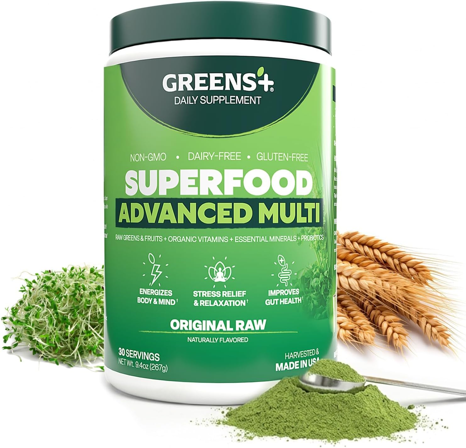Greens+ Advanced Multi Raw Superfood - Green Superfood Powder Blend - Vegan, Gluten-Free, Non-GMO - 267g