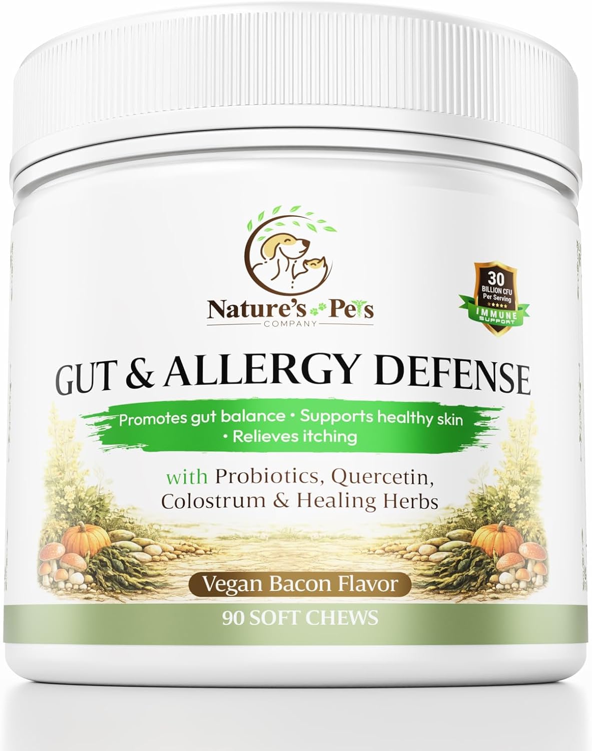 30 Billion CFU PROBIOTICS- One a Day Gut & Allergy Defense for Dogs with PREBIOTICS, QUERCETIN, Colostrum, Turmeric, Mushrooms - Itchy Skin, Allergy & Digestive Support - 90 Chews - Made in USA
