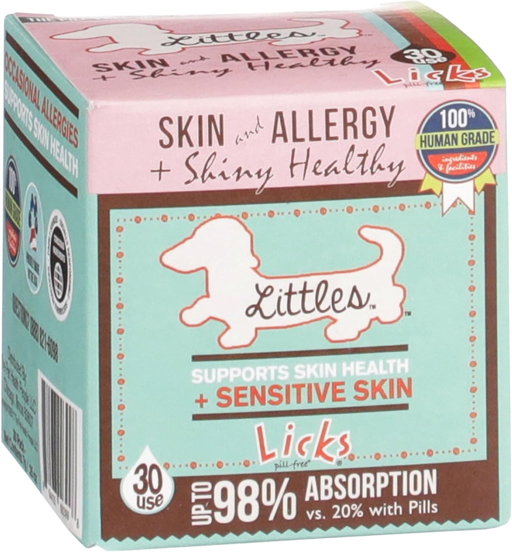 Licks Littles Skin & Allergy - Apoyo para la piel, el pelaje y las alergias estacionales en perros pequeños - Omega 3, Cúrcuma, Inositol y Vitamina C - Sobres de gel sin pastillas - Sabor a pescado - 30 sobres
