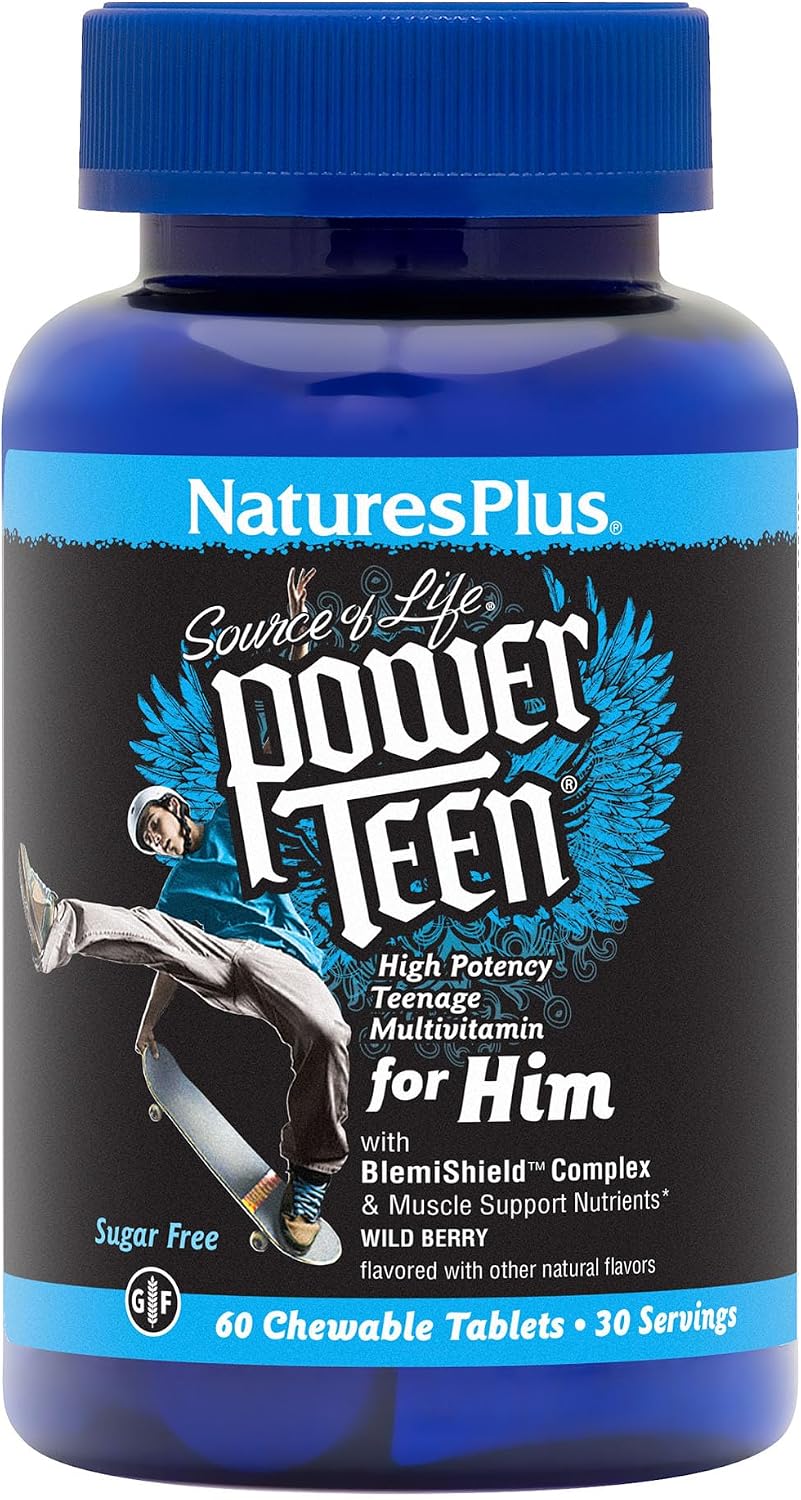 NaturesPlus Power Teen for Him - 60 Comprimidos Masticables, Wild Berry - Multivitamínico de Alta Potencia para Adolescentes - Sin Azúcar, Vegetariano, Sin Gluten