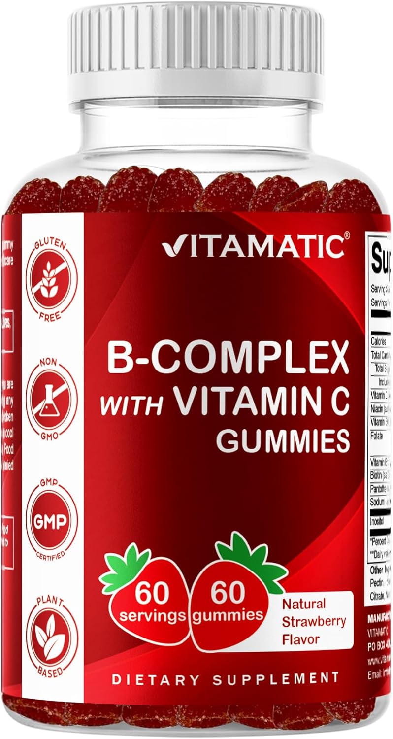 Vitamatic Complejo B en Gominolas con Vitamina C e Inositol - Sabor Natural Fresa - 60 Gominolas