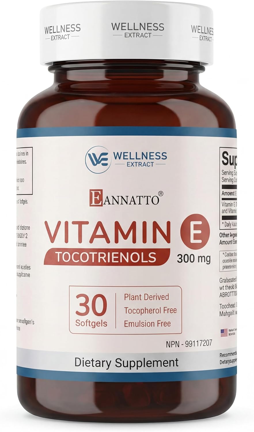 WELLNESS EXTRACT Eannatto Tocotrienols Vitamin E Supplements Tocopherol Free, Non-GMO, Gluten Free & Antioxidant (300MG 60 Softgels)