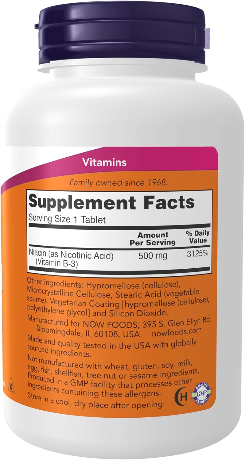 NOW Foods Niacina (Vitamina B3) 500 mg, Liberación Sostenida, 250 Comprimidos
