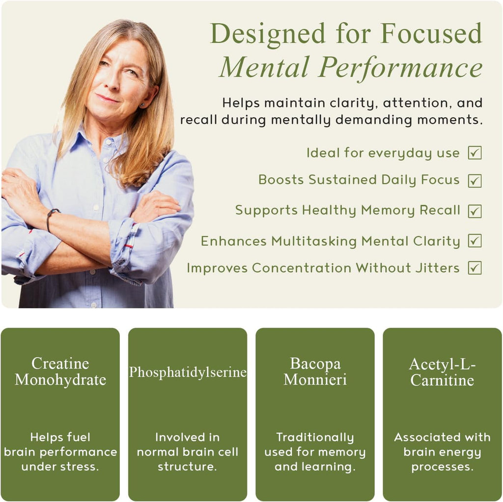 Brain Support para Memoria y Concentración - Complemento con L-Tirosina, Fosfatidilserina, Bacopa Monnieri y Acetil-L-Carnitina, 120 Cápsulas (Pack de 2)