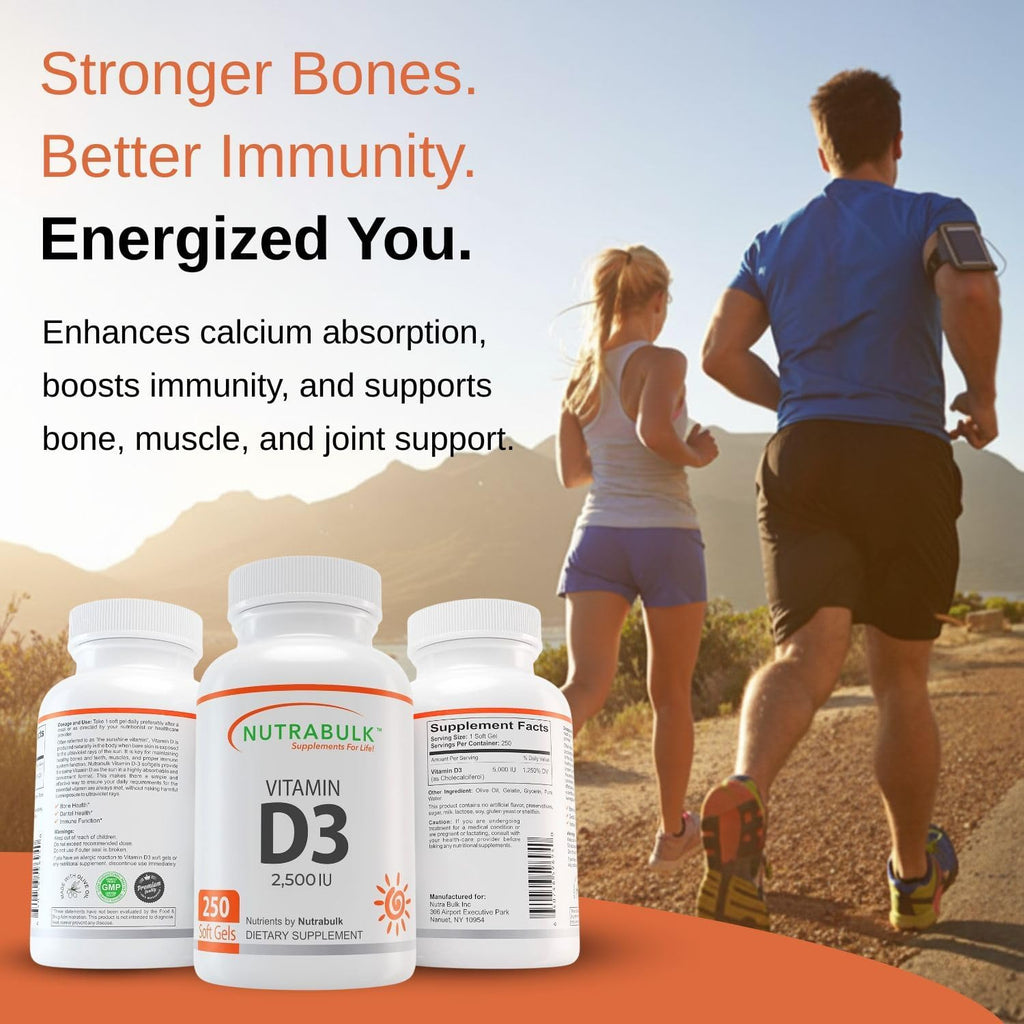 NutraBulk Vitamina D3 2500 UI - 250 Cápsulas Blandas - Alta Potencia - No-GMO, Sin Gluten, Hecho en EE.UU.