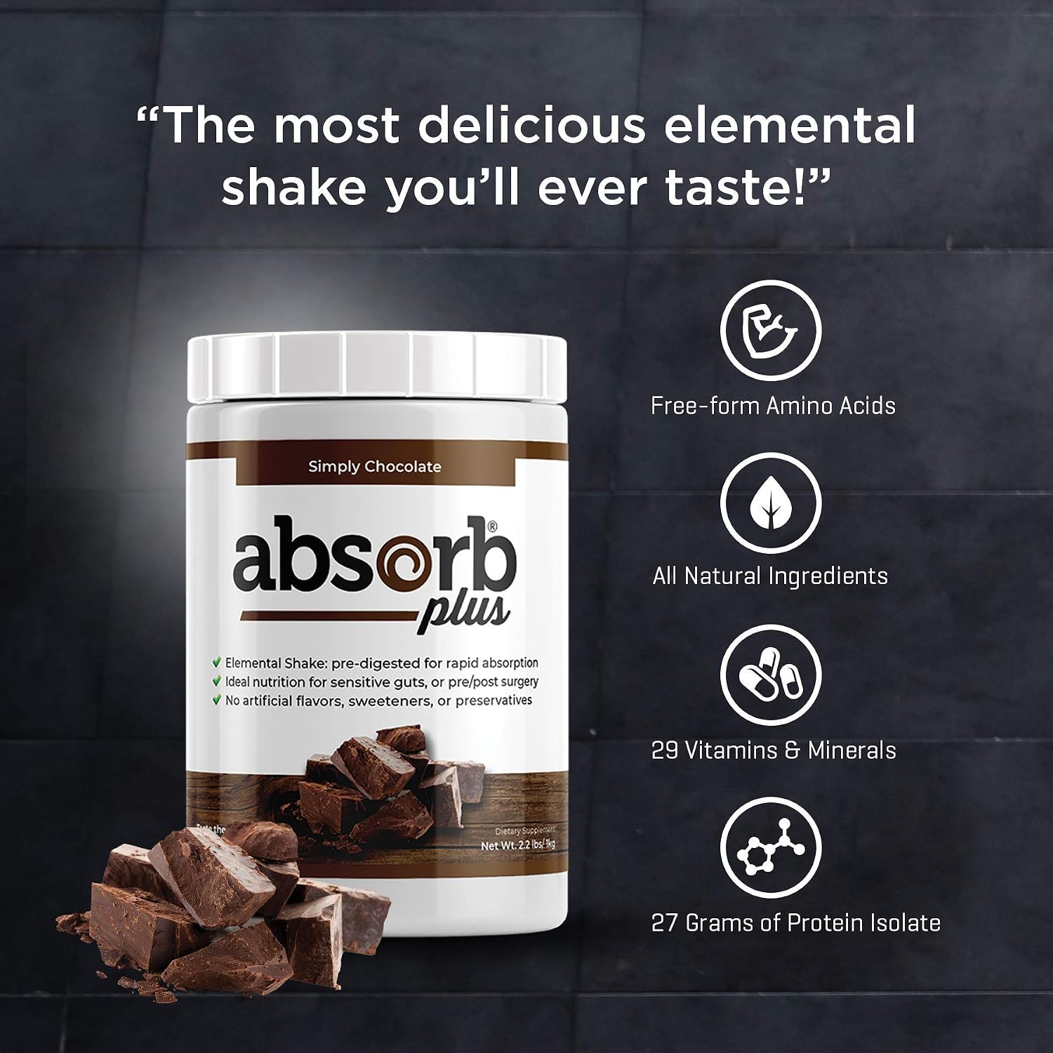Absorb Plus Isolate Protein - Suplemento Nutricional para la Salud Digestiva, 2.2 lbs, Sabor Simply Chocolate