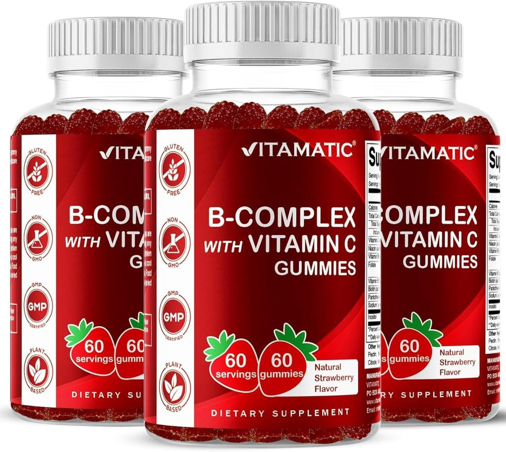 Vitamatic Gomitas de Complejo B con Vitamina C e Inositol - Sabor Natural Fresa - 60 Gomitas (3 Botellas)