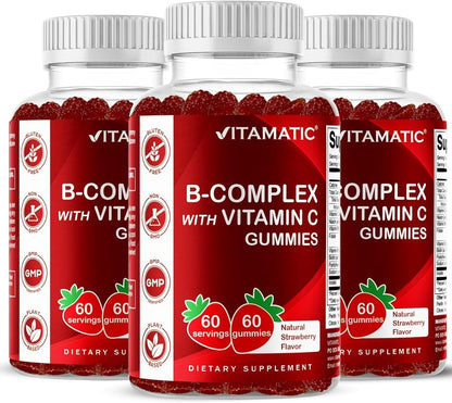 Vitamatic Gomitas de Complejo B con Vitamina C e Inositol - Sabor Natural Fresa - 60 Gomitas (3 Botellas) – Image 1