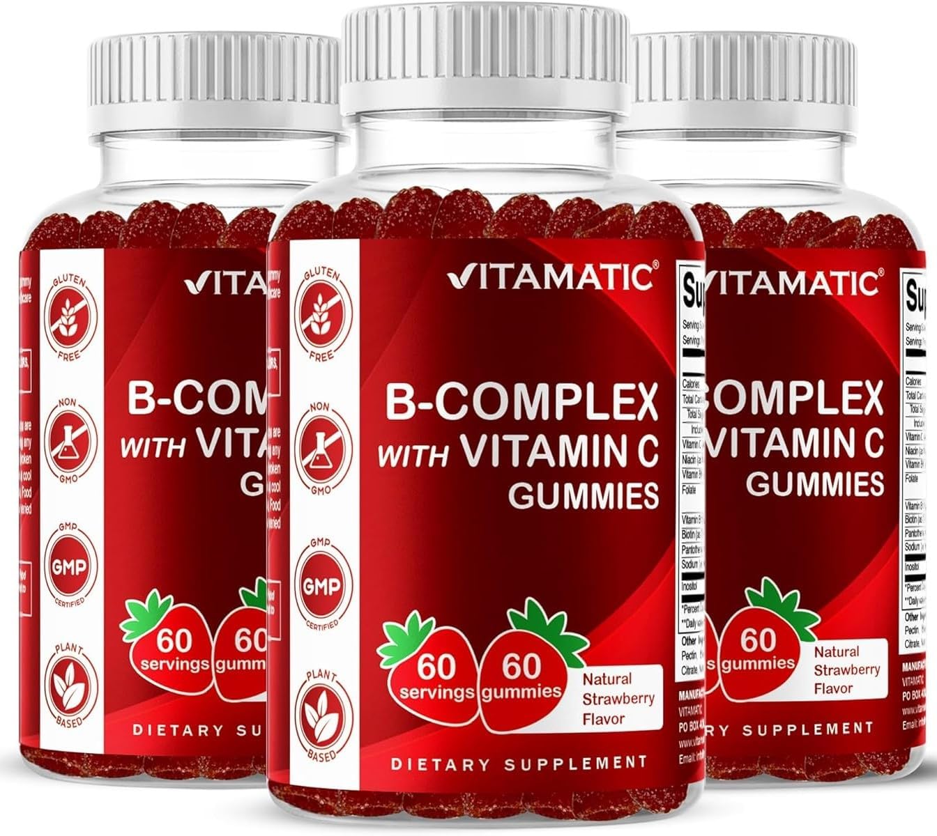 Vitamatic Complejo B Gummies con Vitamina C e Inositol - Sabor Fresa Natural - 60 Gominolas (2 Frascos)